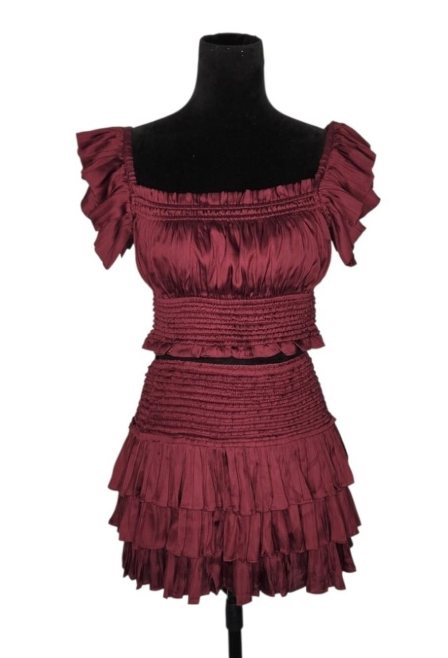 Pookie & Sebastian Mystra Silky Smocked Ruffle Crop Top & Mini Skirt 2 Pc Set M